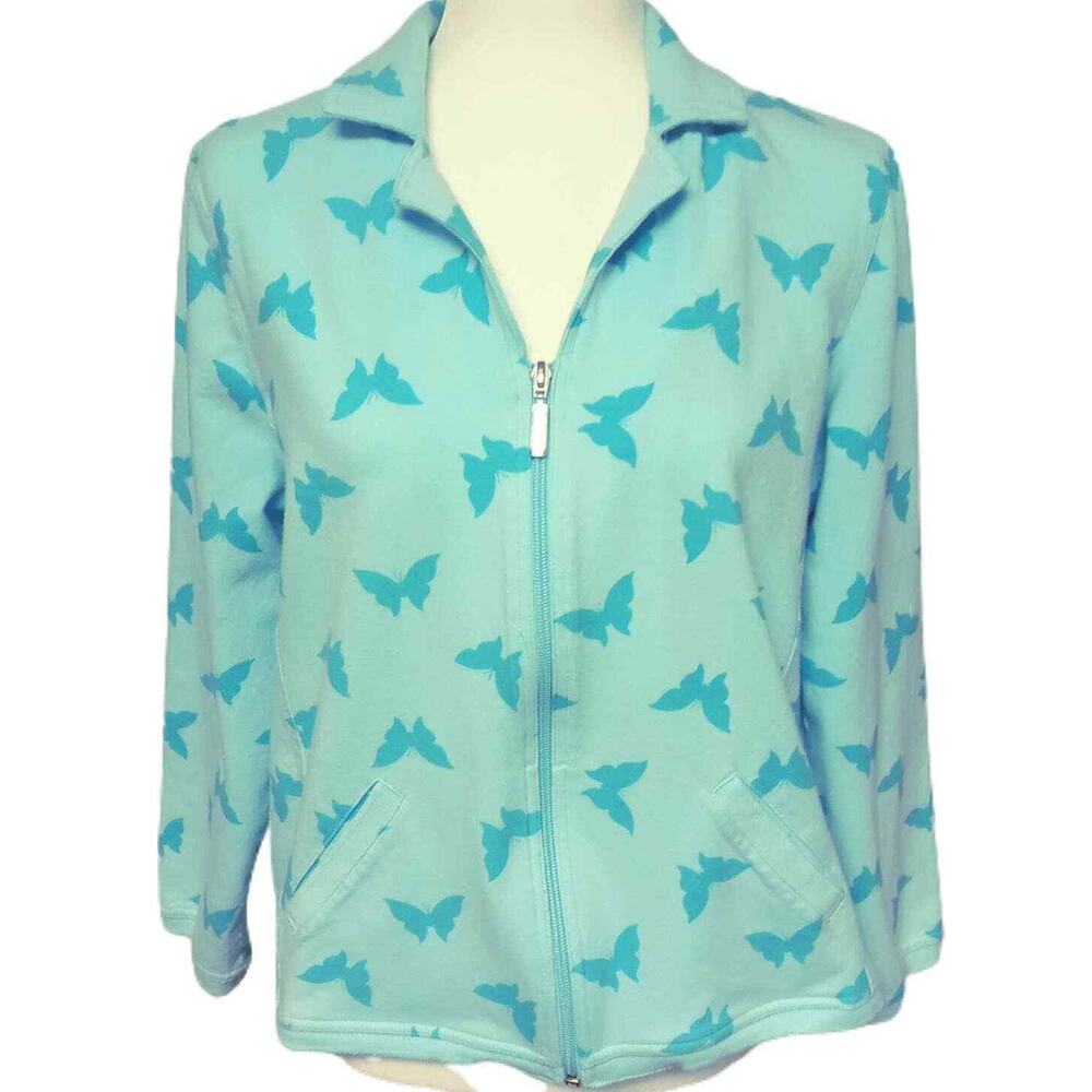 Turquoise Butterfly Zip Jacket Lightweight Spring Blazer Kim Rogers Petite LG